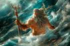 Roman god Neptune with triton in ocean wave. (AI Generated) Coastal Print